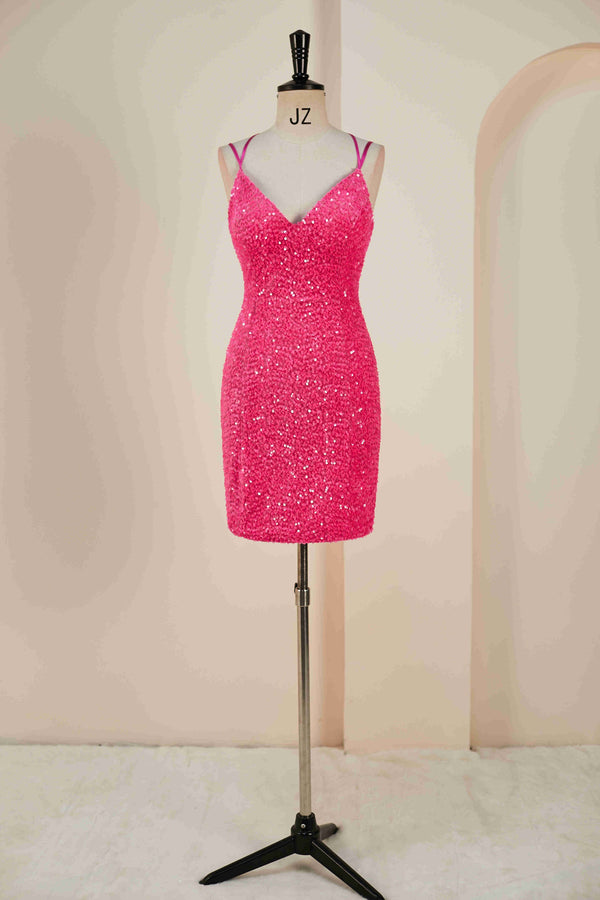 Double Straps Hot Pink Sequin Bodycon Homecoming Dress
