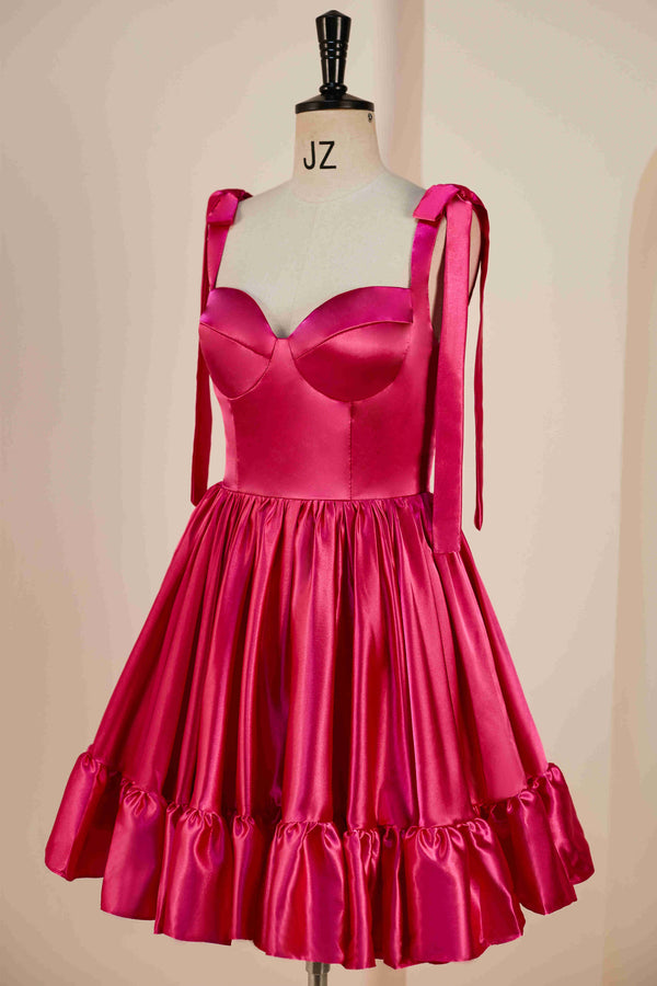 Hot Pink Bow Tie Ruffle Short Homecoming Dress