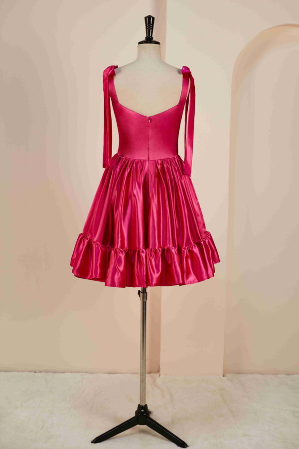 Hot Pink Bow Tie Ruffle Short Homecoming Dress