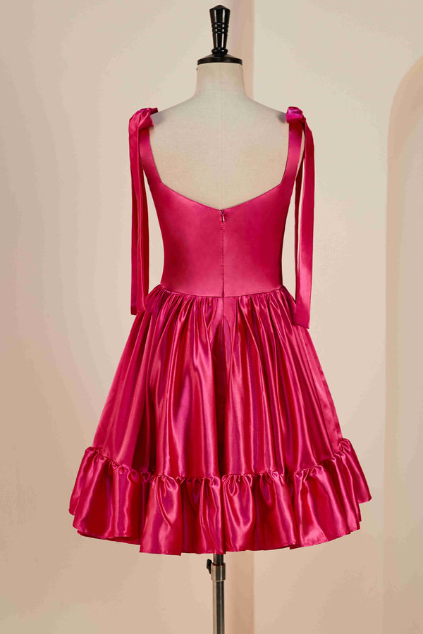 Hot Pink Bow Tie Ruffle Short Homecoming Dress