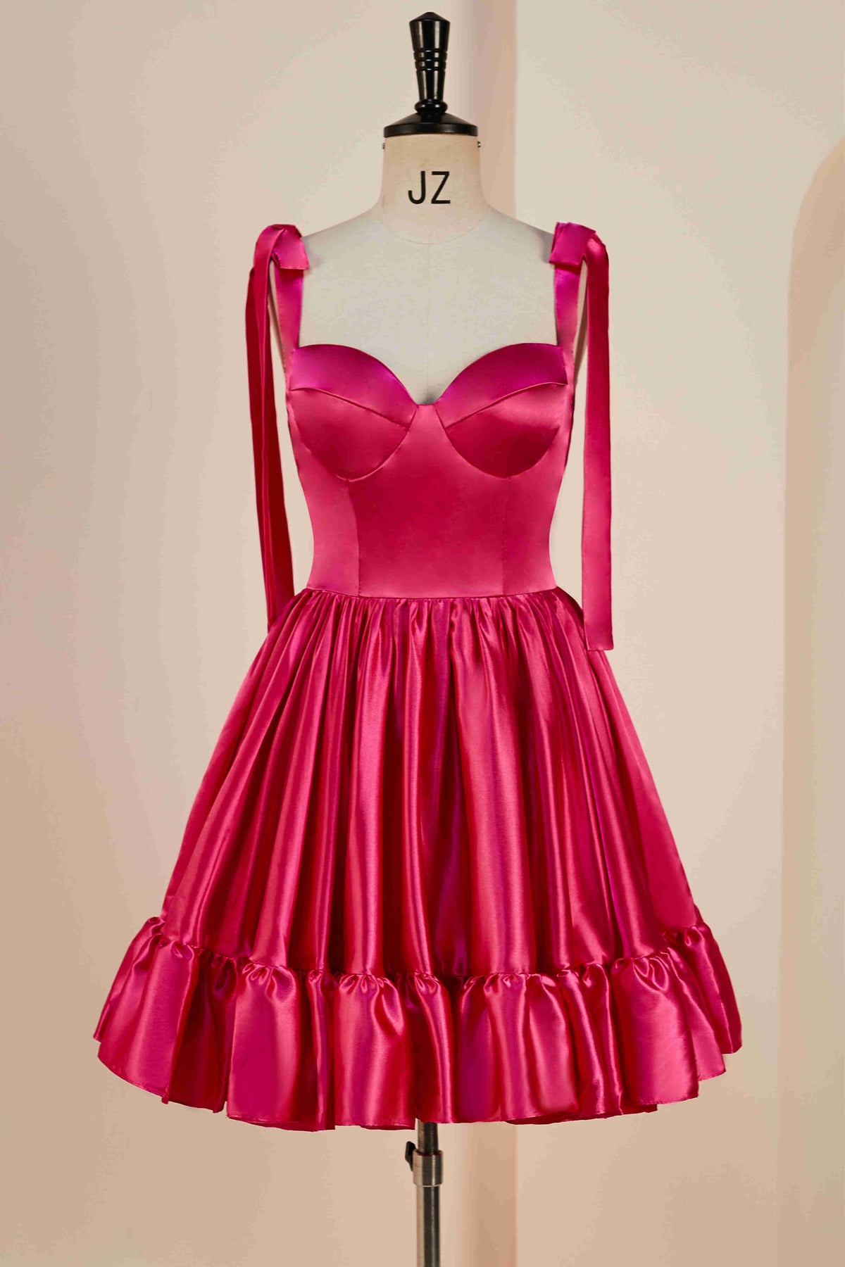 Hot Pink Bow Tie Ruffle Short Homecoming Dress