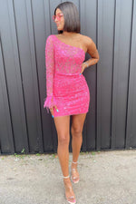 One Shoulder Hot Pink Long Sleeve Appliques Bodycon Homecoming Dress