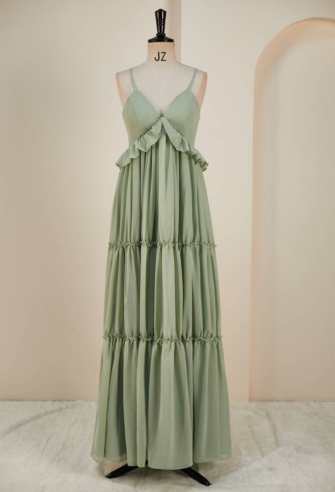 Straps Sage Green Pleated Long Bridesmaid Dress – FancyVestido