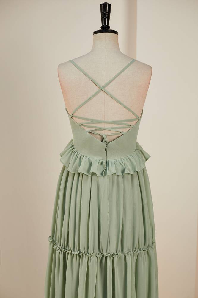 Straps Sage Green Pleated Long Bridesmaid Dress
