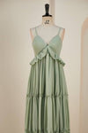 Straps Sage Green Pleated Long Bridesmaid Dress
