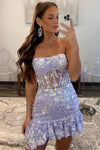 Strapless Lavender Sequin Appliques Short Homecoming Dress with Ruffle Hem