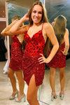 Red Mirror Sequin Slit Short Homecoming Dress with Spaghetti Straps