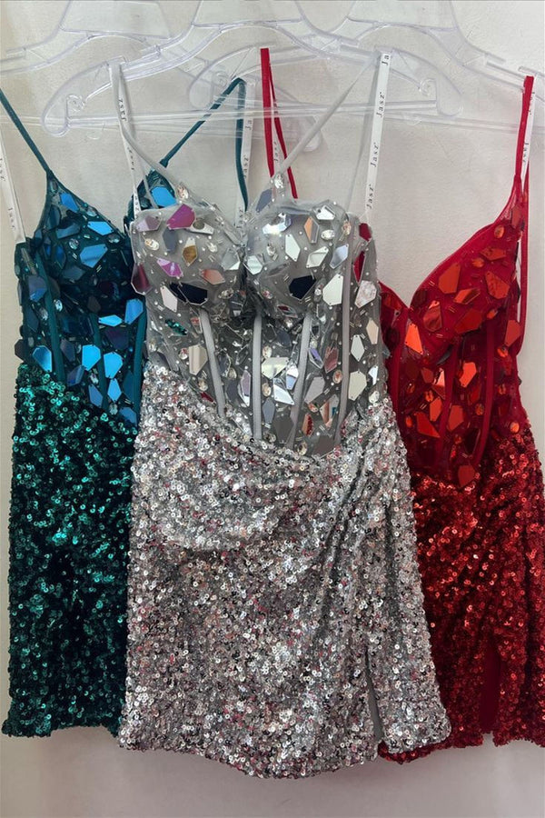 Red Mirror Sequin Slit Short Homecoming Dress with Spaghetti Straps