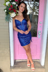 Strapless Royal Blue Sequin Bodycon Homecoming Dress with Rhinestones