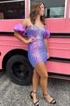 Strapless Lilac Sequin Tight Homecoming Dress with Balloon Sleeves
