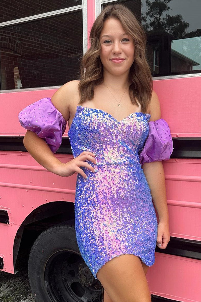 Strapless Lilac Sequin Tight Homecoming Dress with Balloon Sleeves FancyVestido Strapless Lilac Sequin Tight Homecoming Dress with Balloon Sleeves FancyVestido