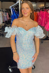 Ruffles Off the Shoulder Light Blue Sequin Tight Homecoming Dress