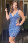 V-Neck Periwinkle Cutout Wasit Beaded Homecoming Dress