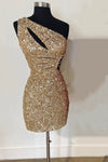 One Shoulder Gold Cutout Sequin Tight Homecoming Dress