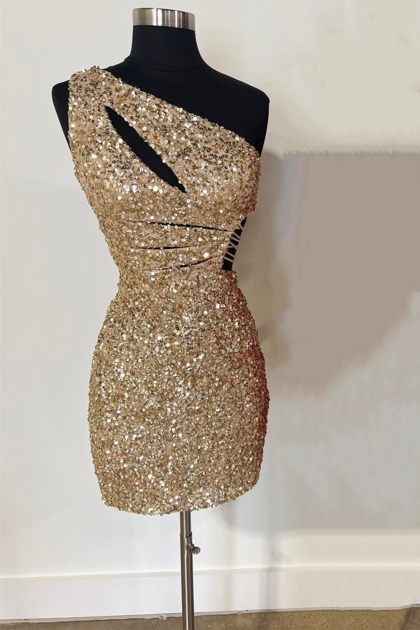 One Shoulder Gold Cutout Sequin Tight Homecoming Dress – FancyVestido
