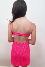V-Neck Straps Hot Pink Sequin Tight  Homecoming Dress