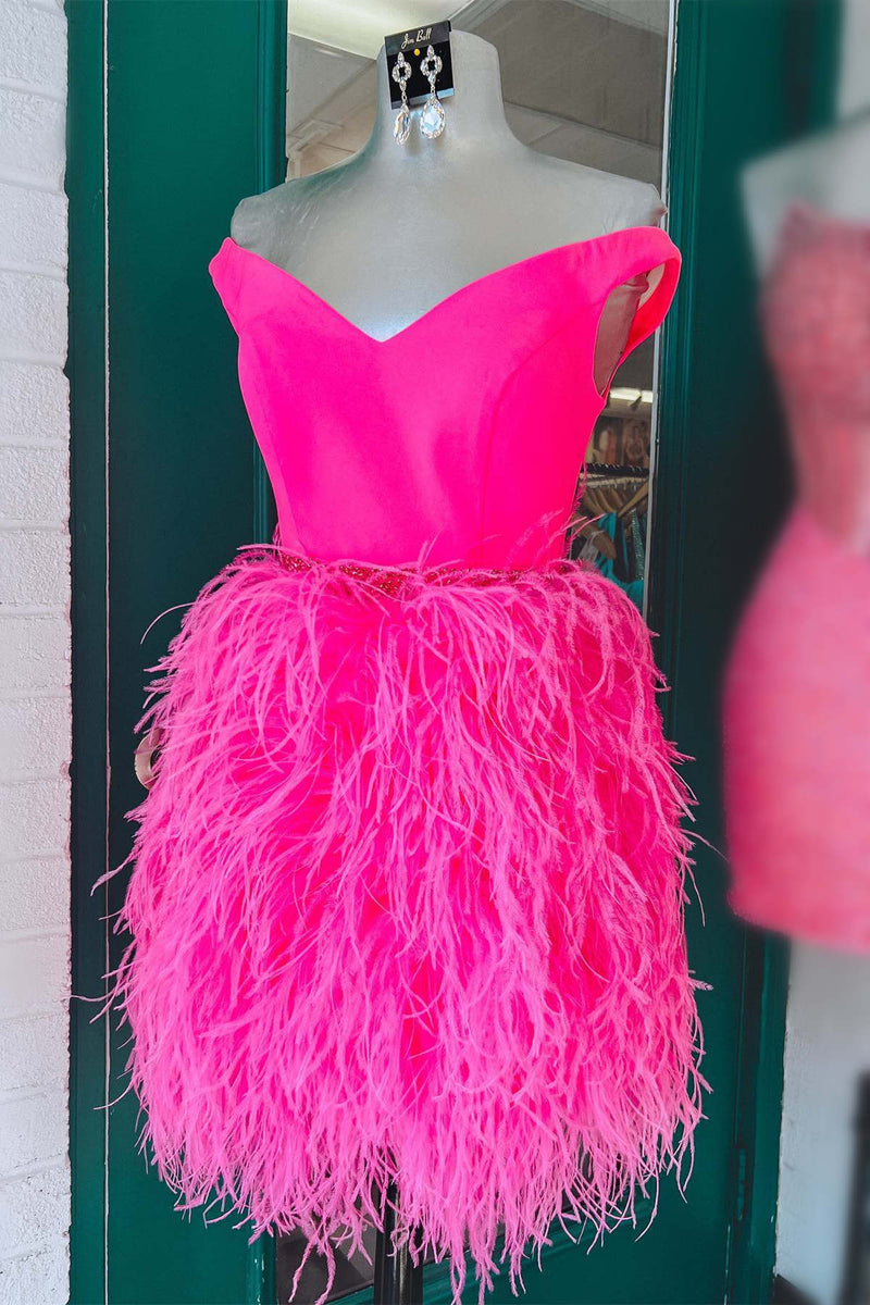 V-Neck Hot Pink Tight Homecoming Dress with Feathered Skirt