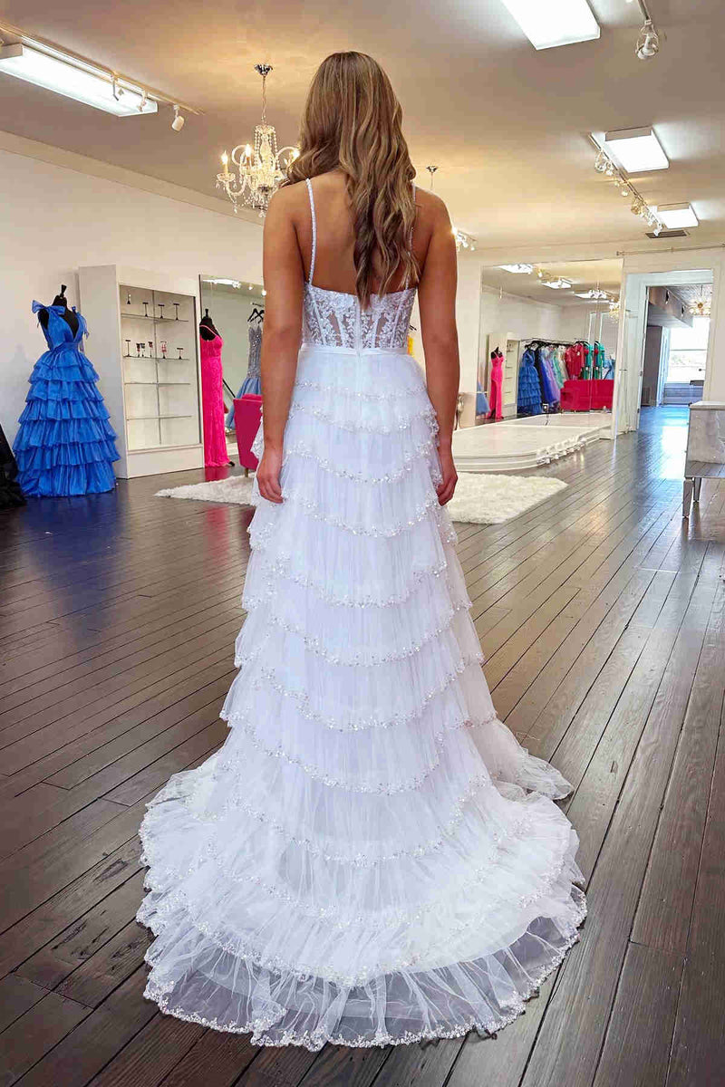 Spaghetti Straps Ivory Layered Tulle Prom Dress