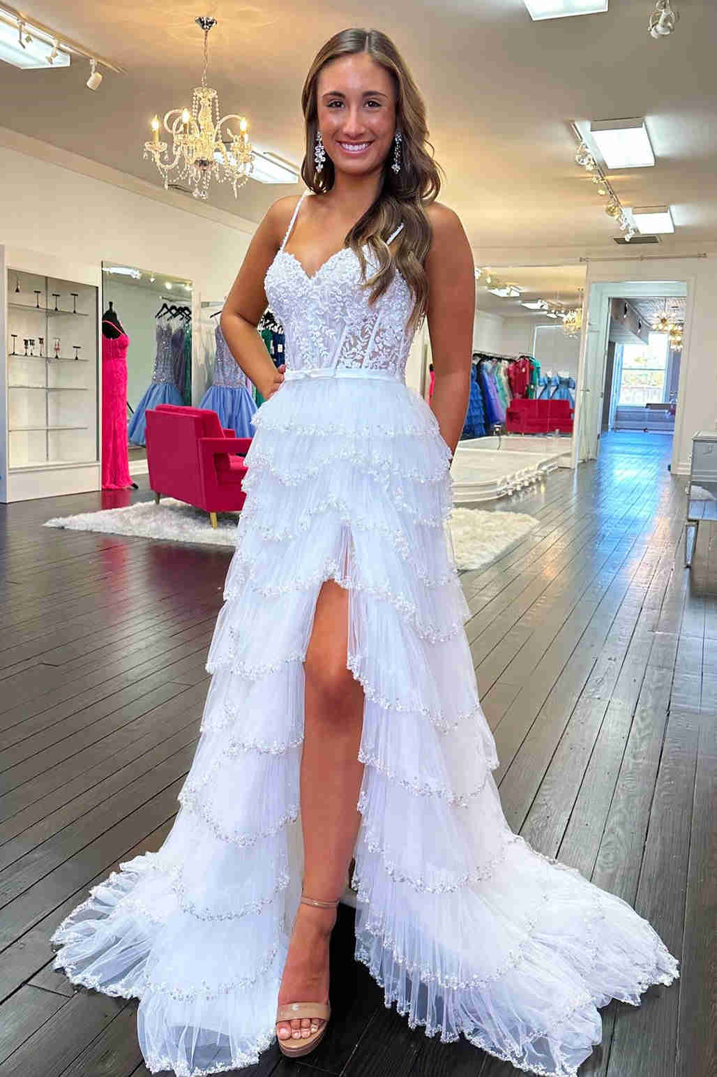 Spaghetti Straps Ivory Layered Tulle Prom Dress FancyVestido Spaghetti Straps Ivory Layered Tulle Prom Dress FancyVestido