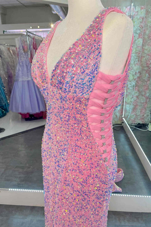 V-Neck Pink Sequin Long Prom Dress with Slit