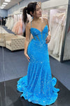 Lace-Up Blue Sequin Mermaid Long Prom Dress