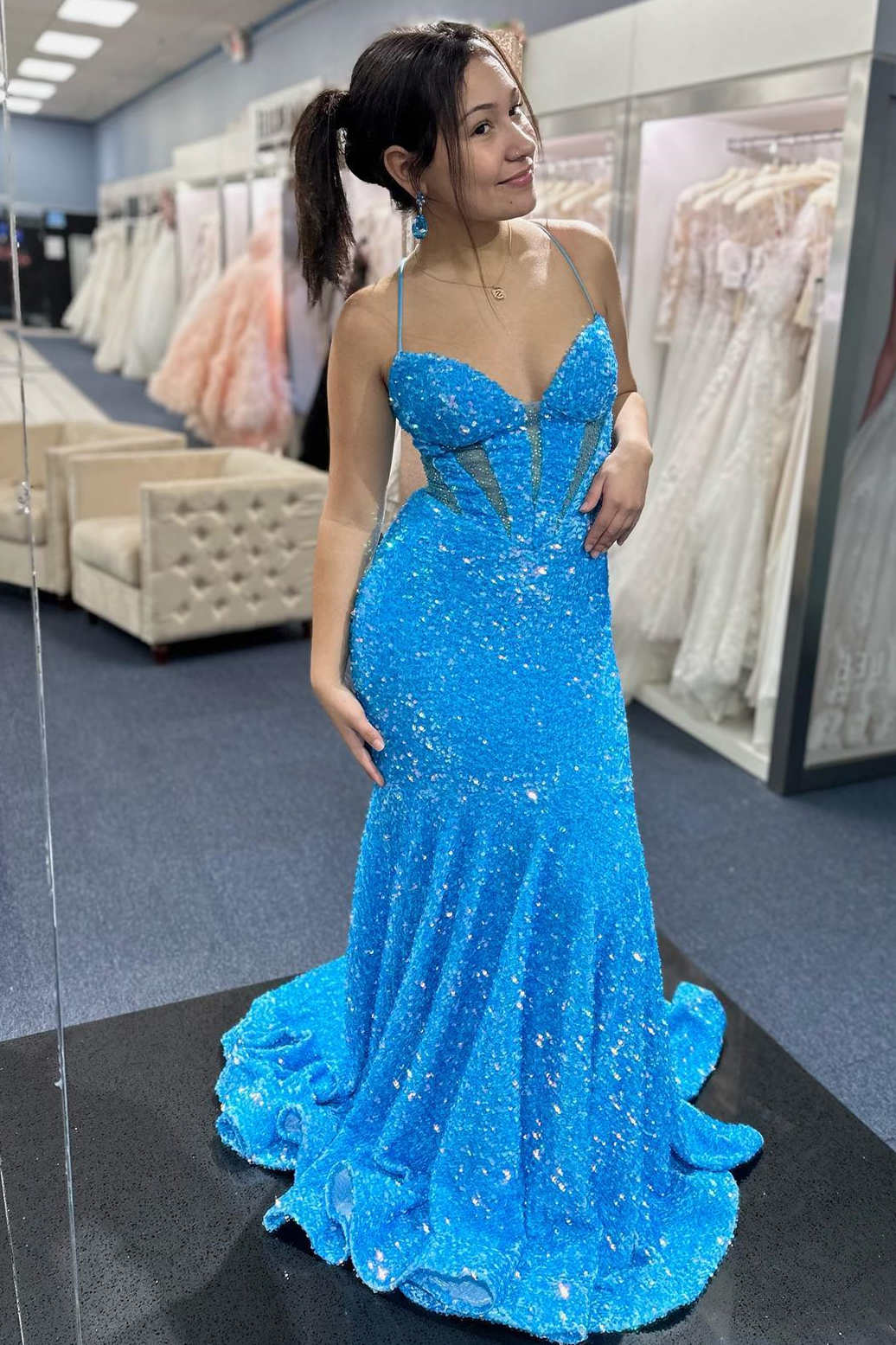 Lace-Up Blue Sequin Mermaid Long Prom Dress FancyVestido Lace-Up Blue Sequin Mermaid Long Prom Dress FancyVestido