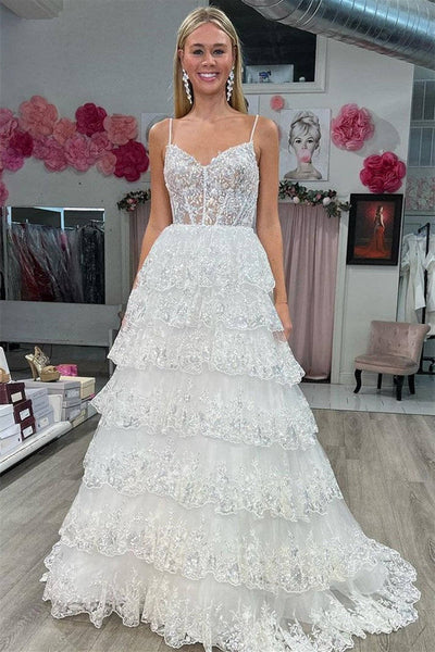 Spaghetti Straps White Layered A-Line Prom Dress with Sequin
