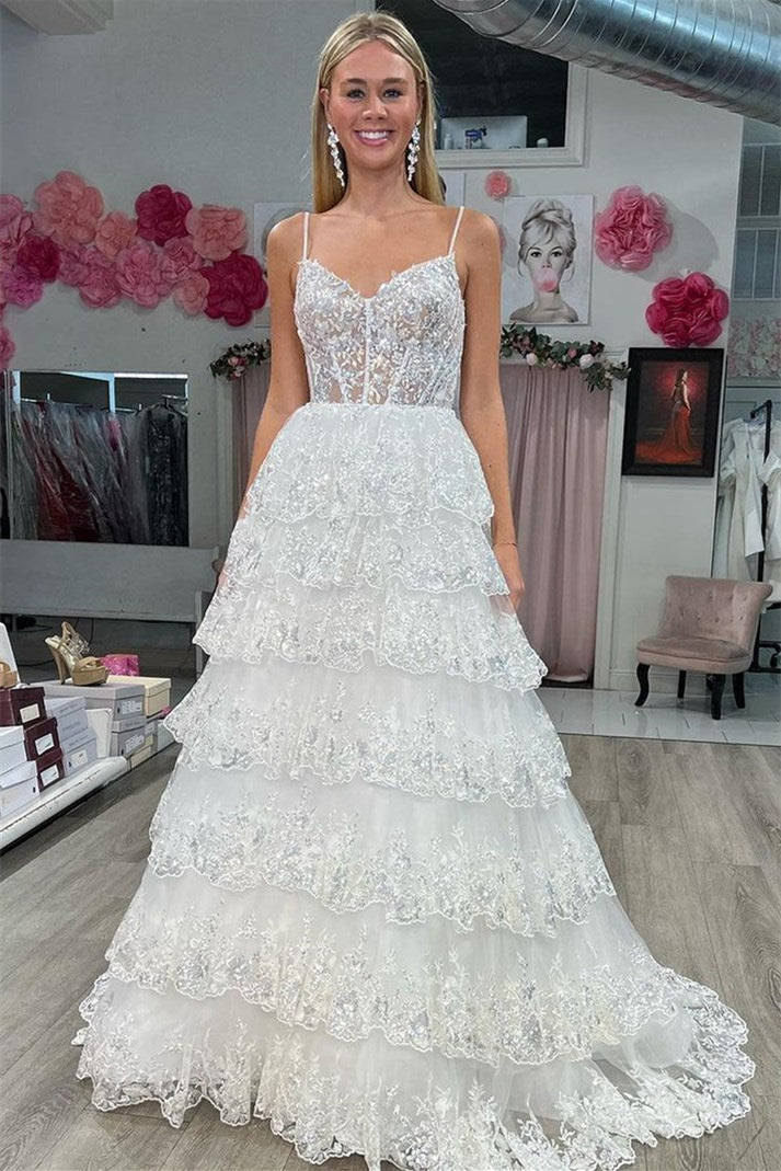 Spaghetti Straps White Layered A-Line Prom Dress with Sequin FancyVestido Spaghetti Straps White Layered A-Line Prom Dress with Sequin FancyVestido