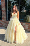 Sweetheart Yellow Lace Corset Tiered Tulle Prom Dress
