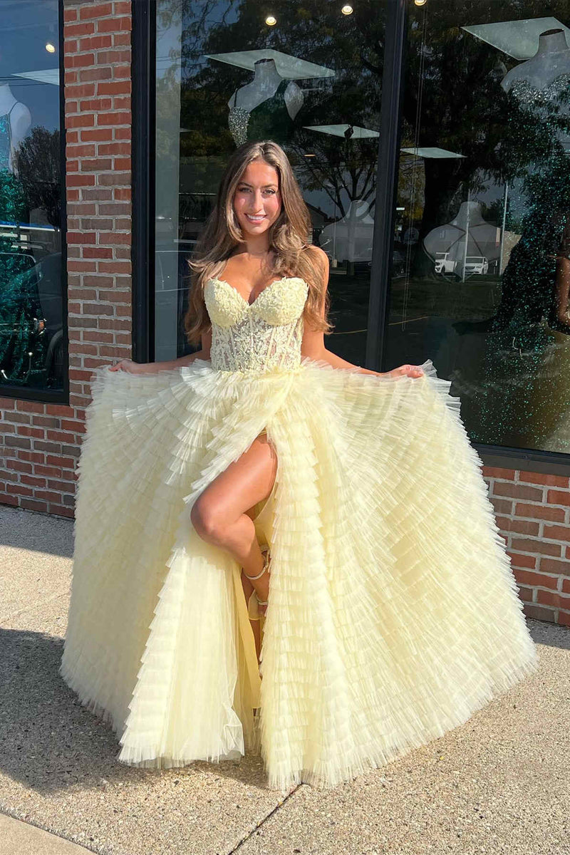 Sweetheart Yellow Lace Corset Tiered Tulle Prom Dress