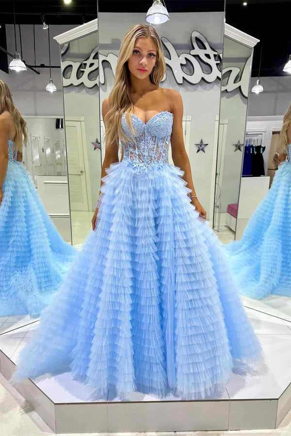 Sweetheart Yellow Lace Corset Tiered Tulle Prom Dress