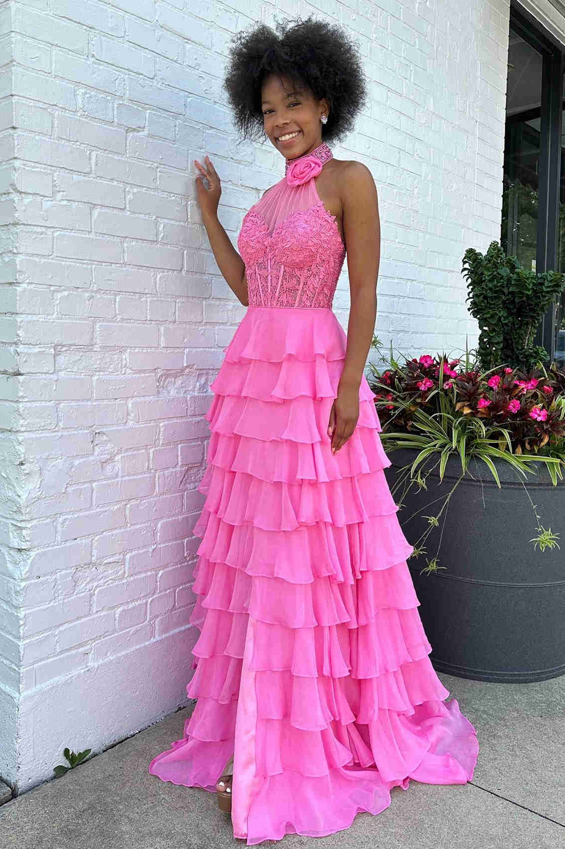 High Neck Hot Pink Ruffle Chiffon Long Prom Dress with 3D Flower FancyVestido High Neck Hot Pink Ruffle Chiffon Long Prom Dress with 3D Flower FancyVestido