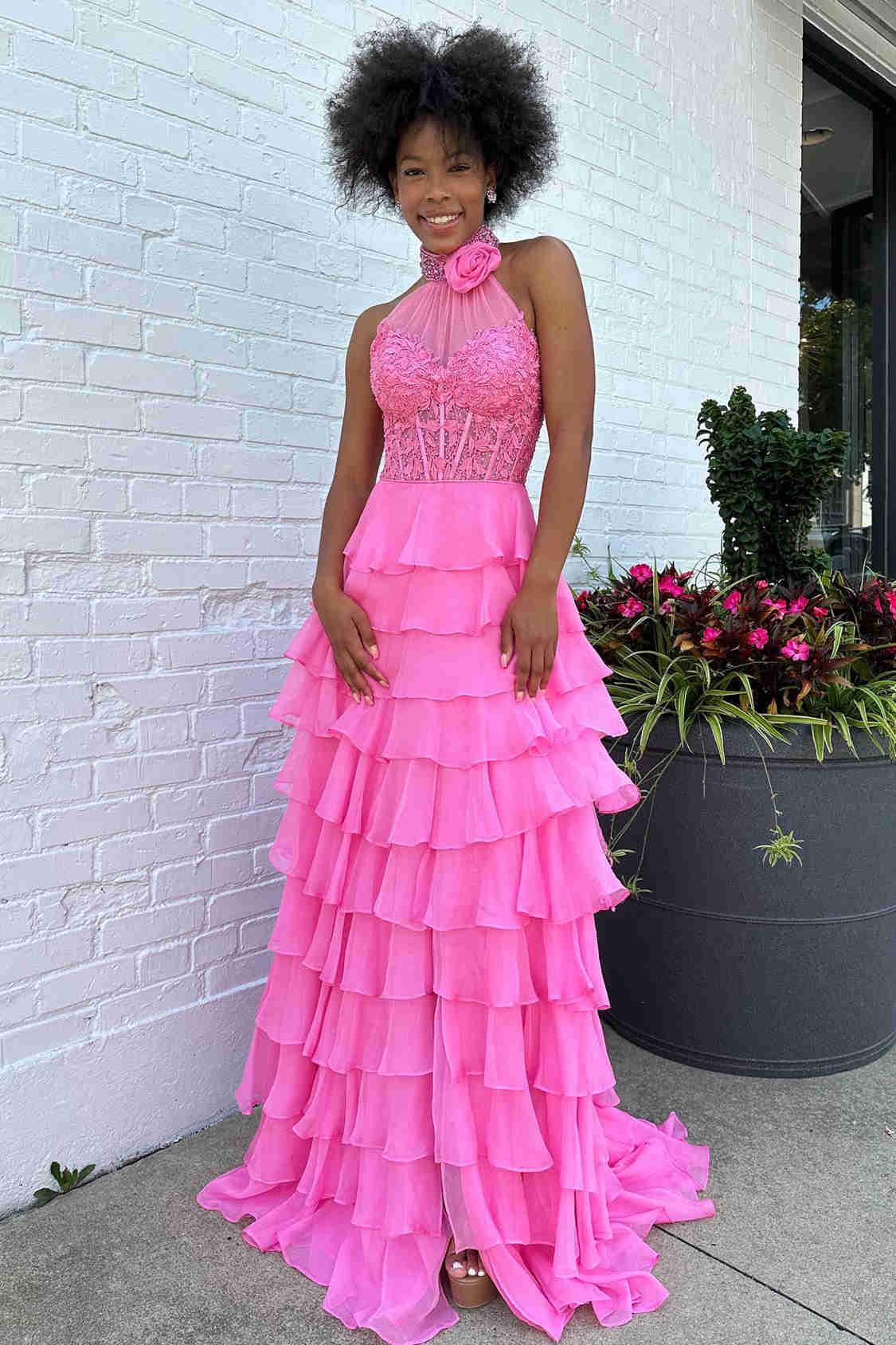 High Neck Hot Pink Ruffle Chiffon Long Prom Dress with 3D Flower FancyVestido High Neck Hot Pink Ruffle Chiffon Long Prom Dress with 3D Flower FancyVestido