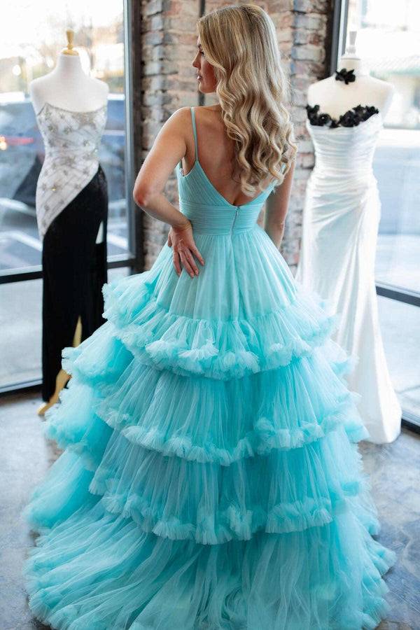 Straps Red Corset Tiered Tulle Long Formal Dress