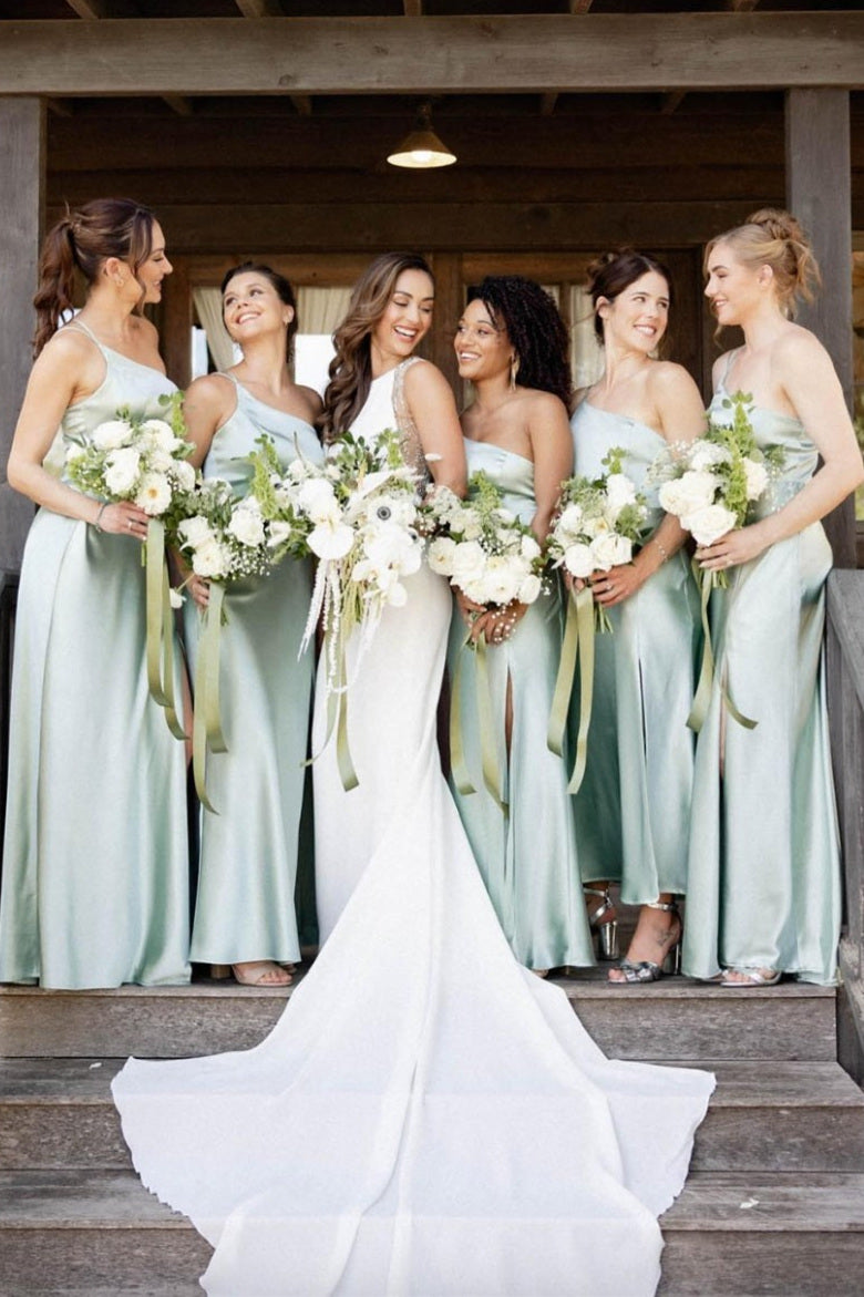 One Shoulder Sage Green Floor Length Bridesmaid Dress – FancyVestido