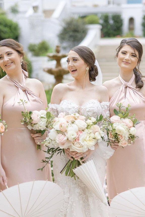 Champagne Halter Slit Long Bridesmaid Dress