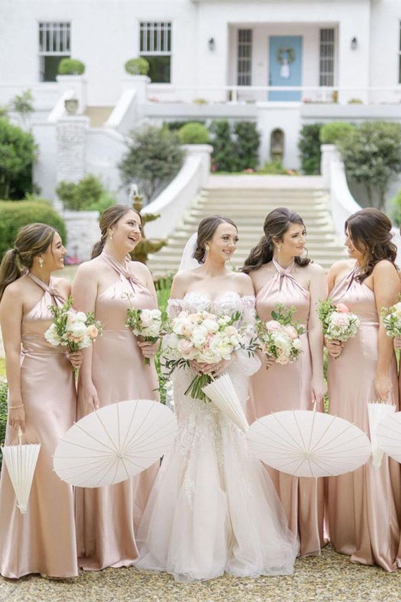 Champagne Halter Slit Long Bridesmaid Dress