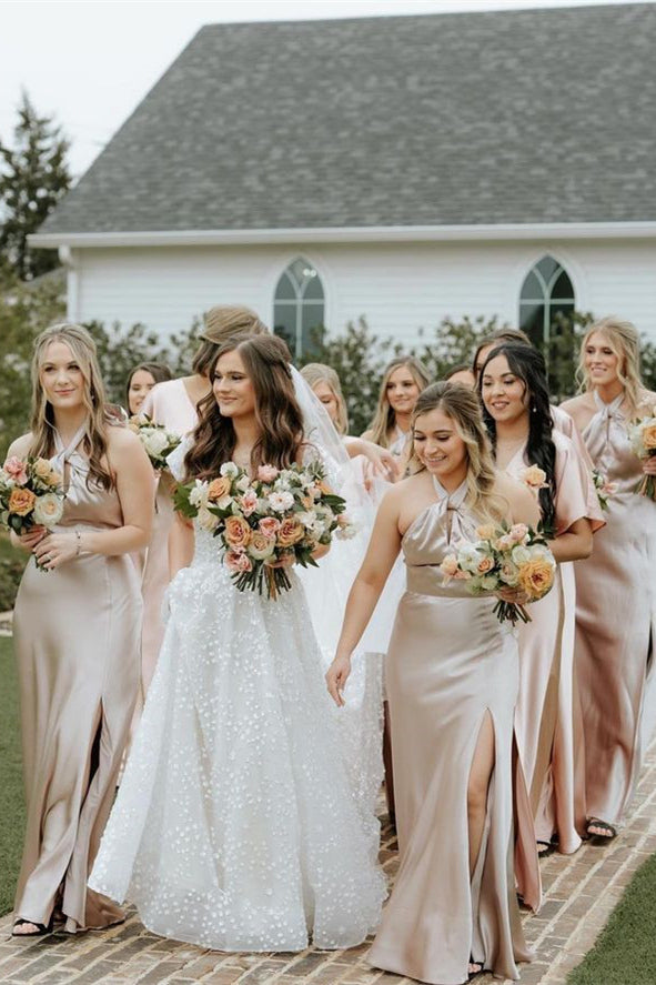 Champagne Halter Slit Long Bridesmaid Dress