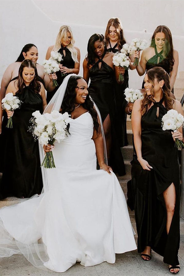 Champagne Halter Slit Long Bridesmaid Dress