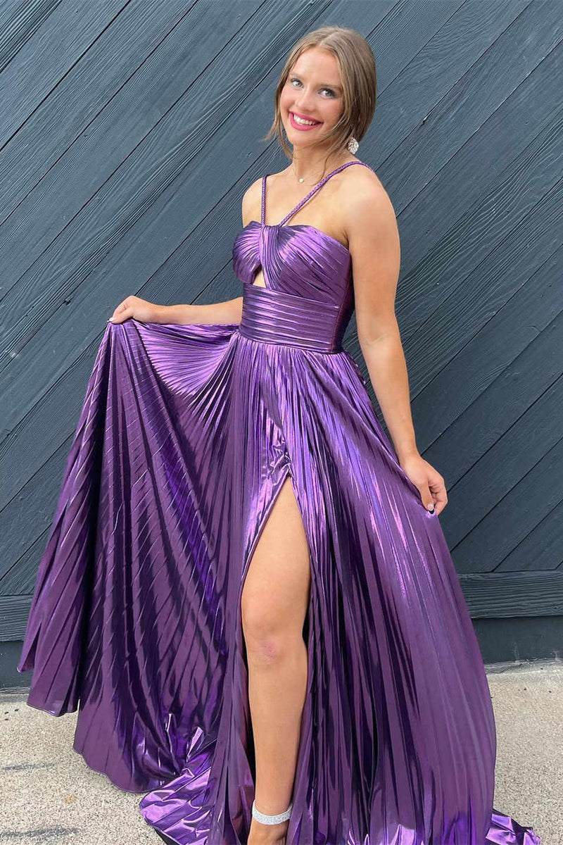 Key Hole Metallic Pleated Long Prom Dress with Slit
