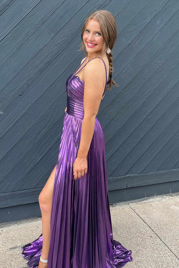 Key Hole Metallic Pleated Long Prom Dress with Slit