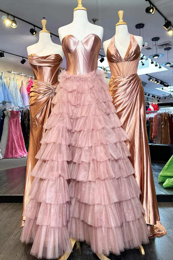 Strapless Black Corset A-Line Layered Prom Dress with Slit