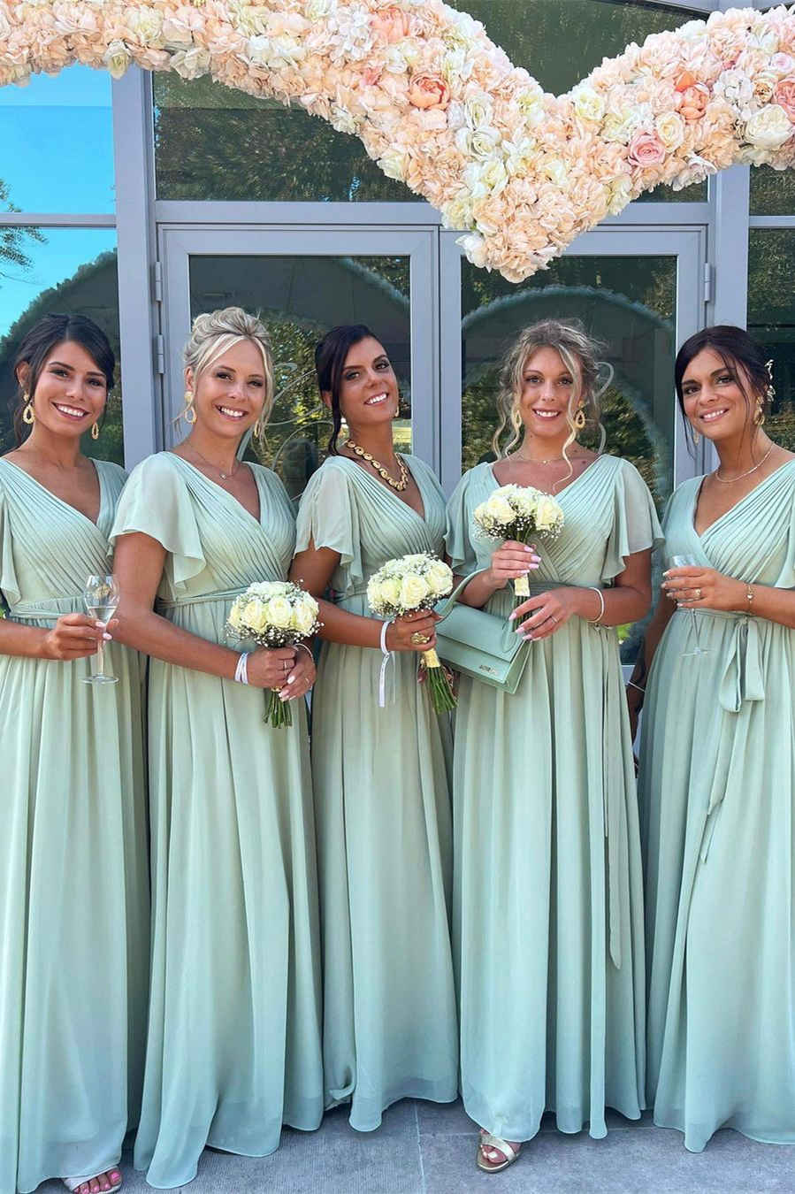 V-Neck Sage Green Pleated Chiffon Bridesmaid Dress FancyVestido V-Neck Sage Green Pleated Chiffon Bridesmaid Dress FancyVestido