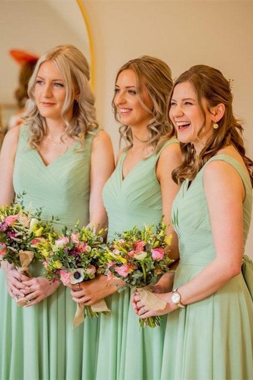 Pleated Sage Green V-Neck Long Bridesmaid Dress with Sash