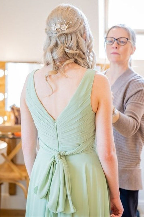Pleated Sage Green V-Neck Long Bridesmaid Dress with Sash