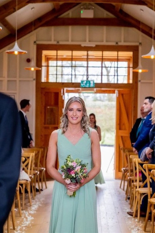Pleated Sage Green V-Neck Long Bridesmaid Dress with Sash