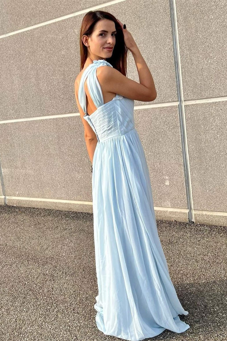 One Shoulder Light Blue Pleated A-Line Bridesmaid Dress