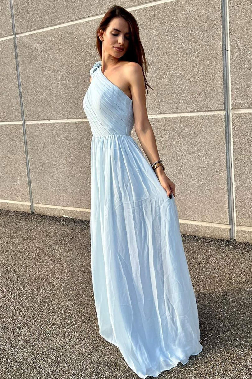 One Shoulder Light Blue Pleated A-Line Bridesmaid Dress