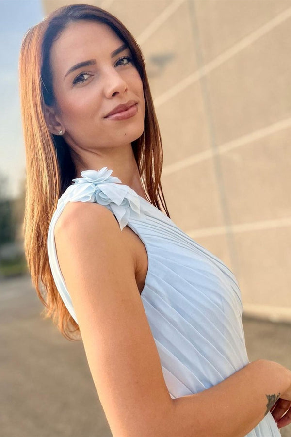 One Shoulder Light Blue Pleated A-Line Bridesmaid Dress