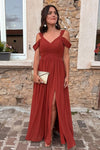 Rust Red Cold Sleeves Pleated Long Bridesmaid Dress with Slit